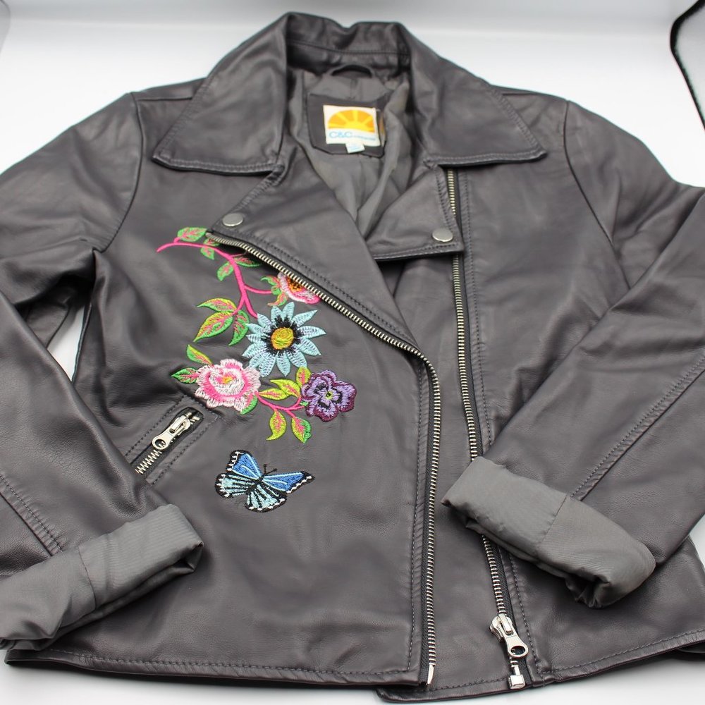 C&C California Dark Grey Embroidered Faux Leather Girls Biker Jacket Size 12